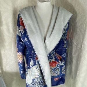 Johnny Was Biya XS Blue Lotus Floral Sherpa Fleece Hoodie Open Jacket Cardigan
